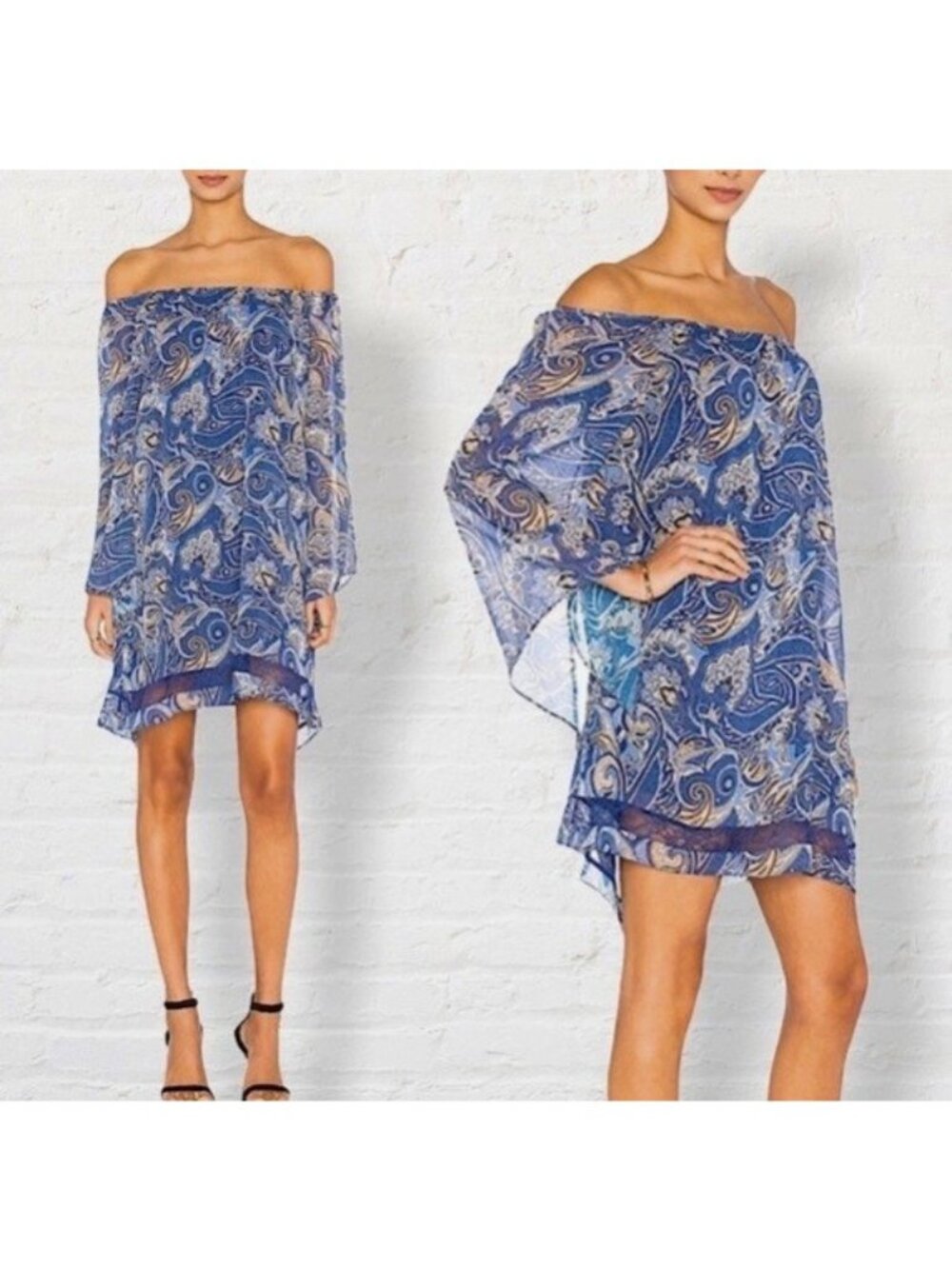 Alice + Olivia Cari Off The Shoulder Mosaic Paisley Dress Blue S